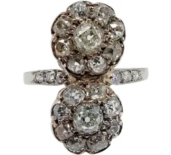 Bague marquise art deco Platine formant deux marguerites de diamant taille ancienne
