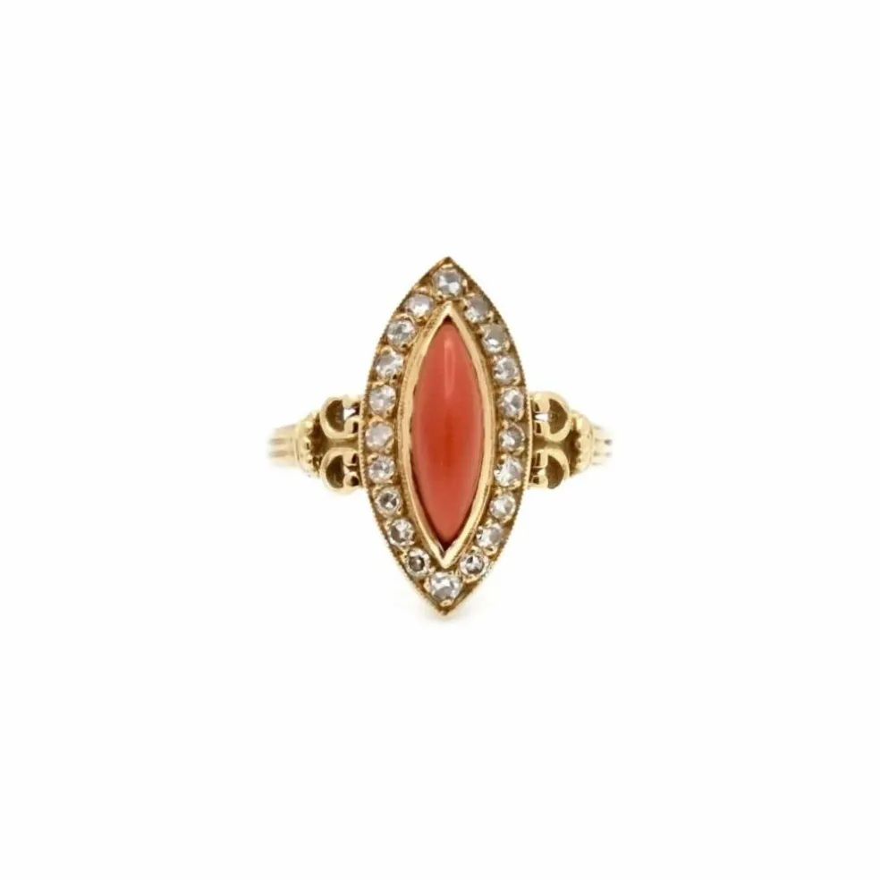 Bague marquise corail diamants