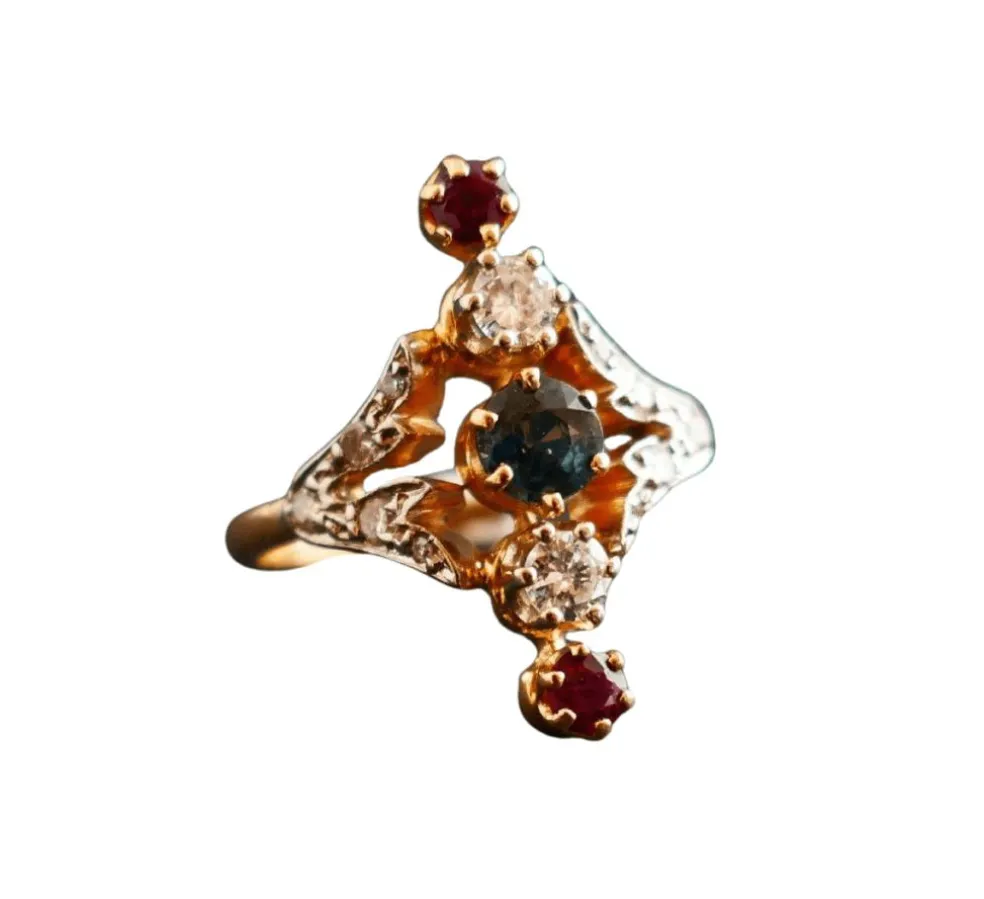 Bague Marquise Diamants, Saphirs et Rubis