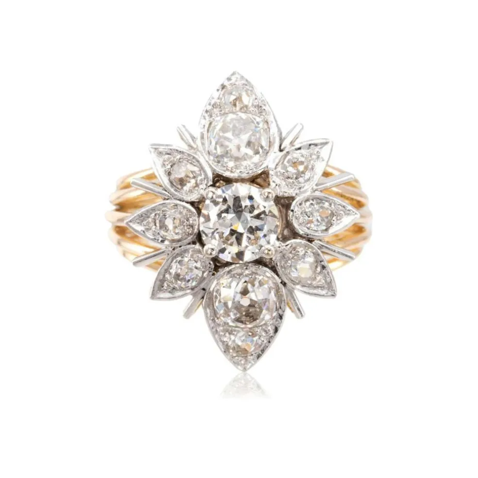 Bague marquise diamants taille ancienne, années 1950