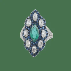 Bague Marquise Emeraude Diamants Saphirs