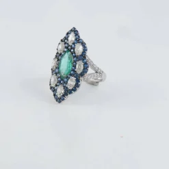 Bague Marquise Emeraude Diamants Saphirs