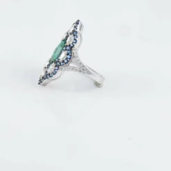 Bague Marquise Emeraude Diamants Saphirs