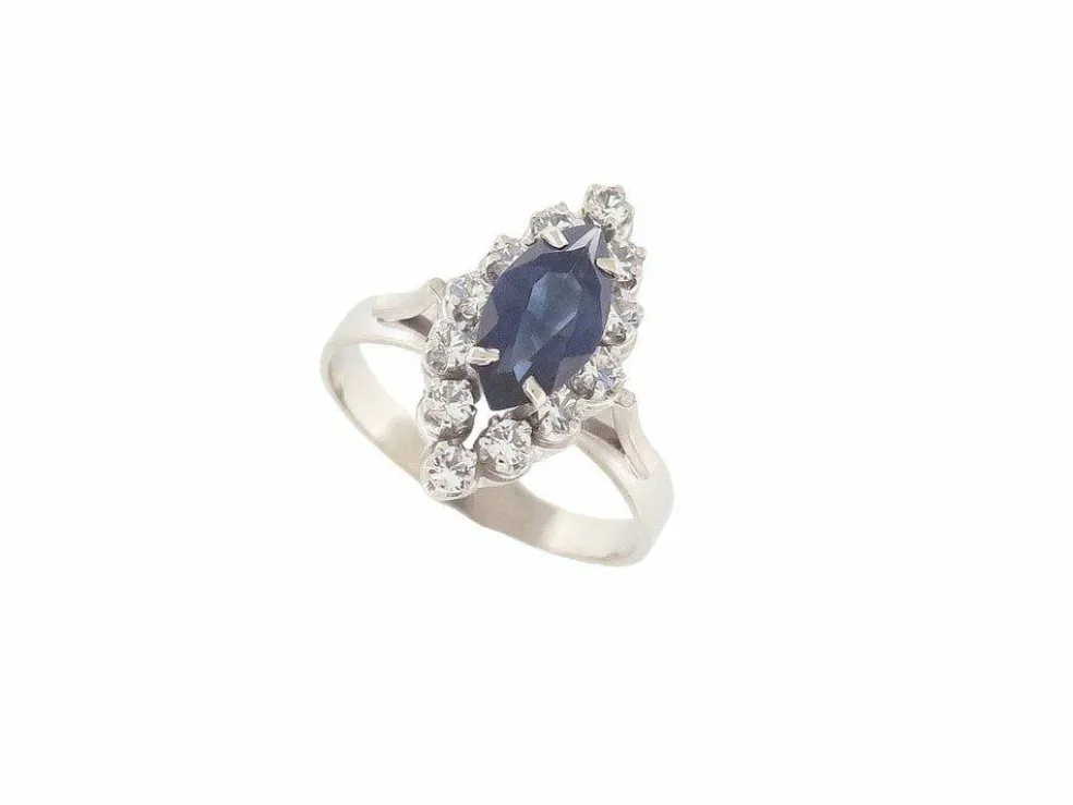 bague marquise en or blanc 18k sertie saphir 1.3ct & diamants 0.3ct 56