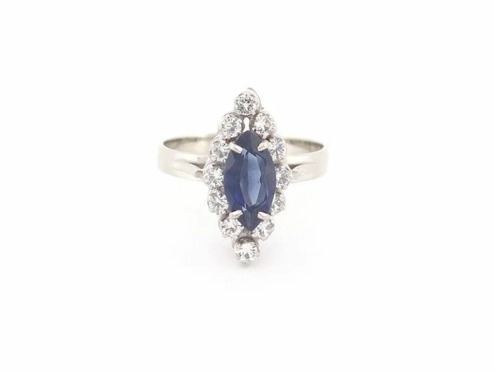 bague marquise en or blanc 18k sertie saphir 1.3ct & diamants 0.3ct 56