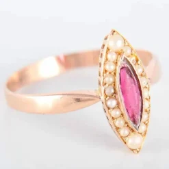 Bague Marquise en or rose Perles et Grenat