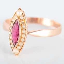 Bague Marquise en or rose Perles et Grenat