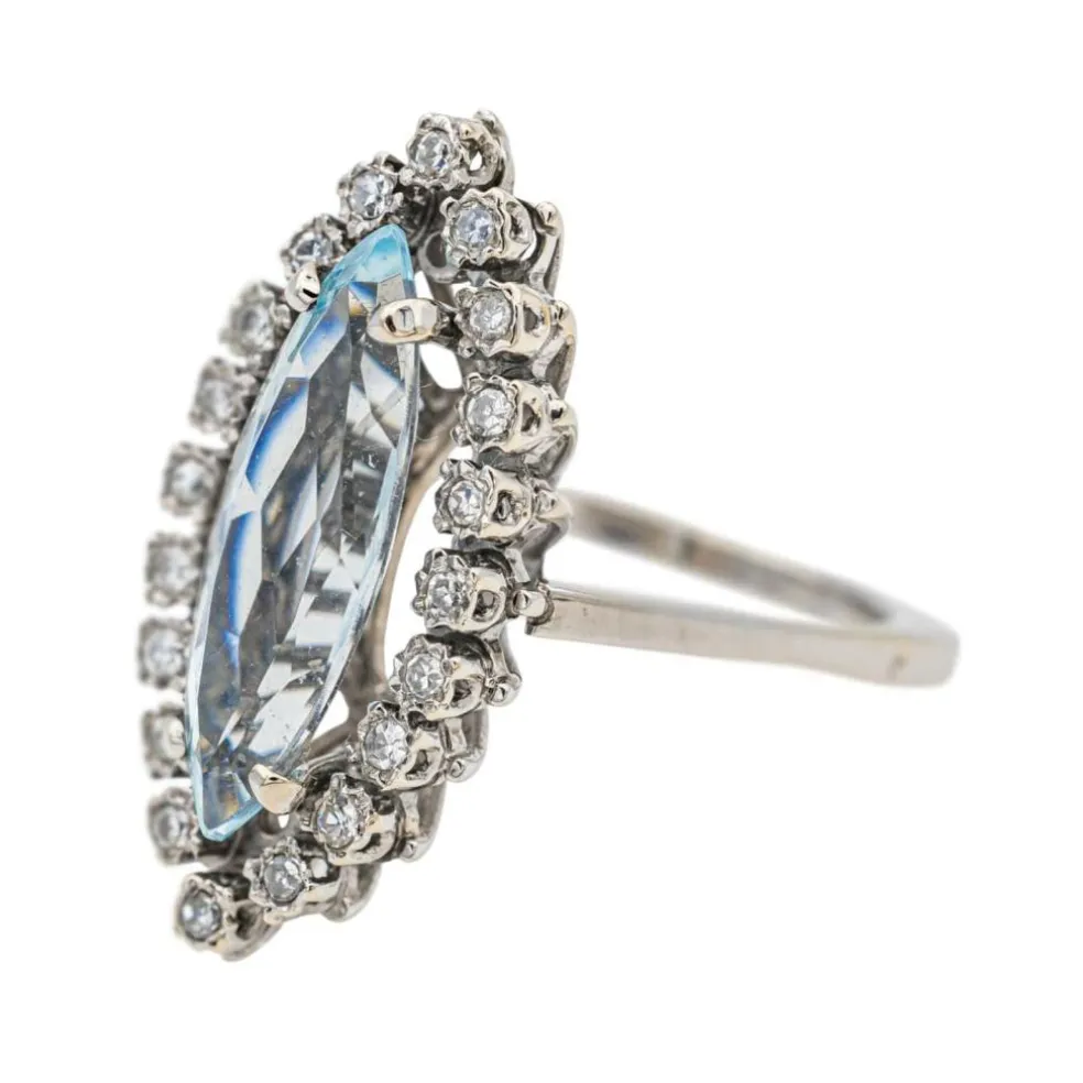 Bague Marquise Or blanc Aigue marine, Diamant