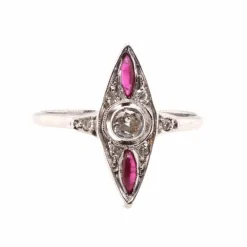 Bague Marquise Or blanc Diamants Rubis