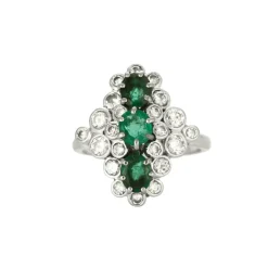 Bague marquise or gris émeraudes et diamants
