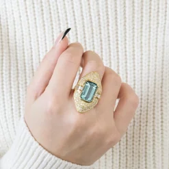 Bague Marquise or jaune aigue marine diamants