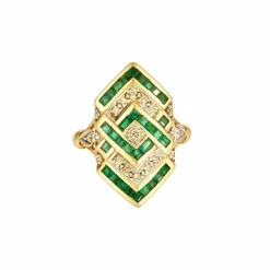Bague Marquise or jaune, diamants et émeraudes