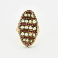 Bague marquise or jaune rubis perles