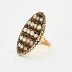 Bague marquise or jaune rubis perles