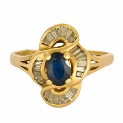 Bague marquise or jaune, saphir et diamants