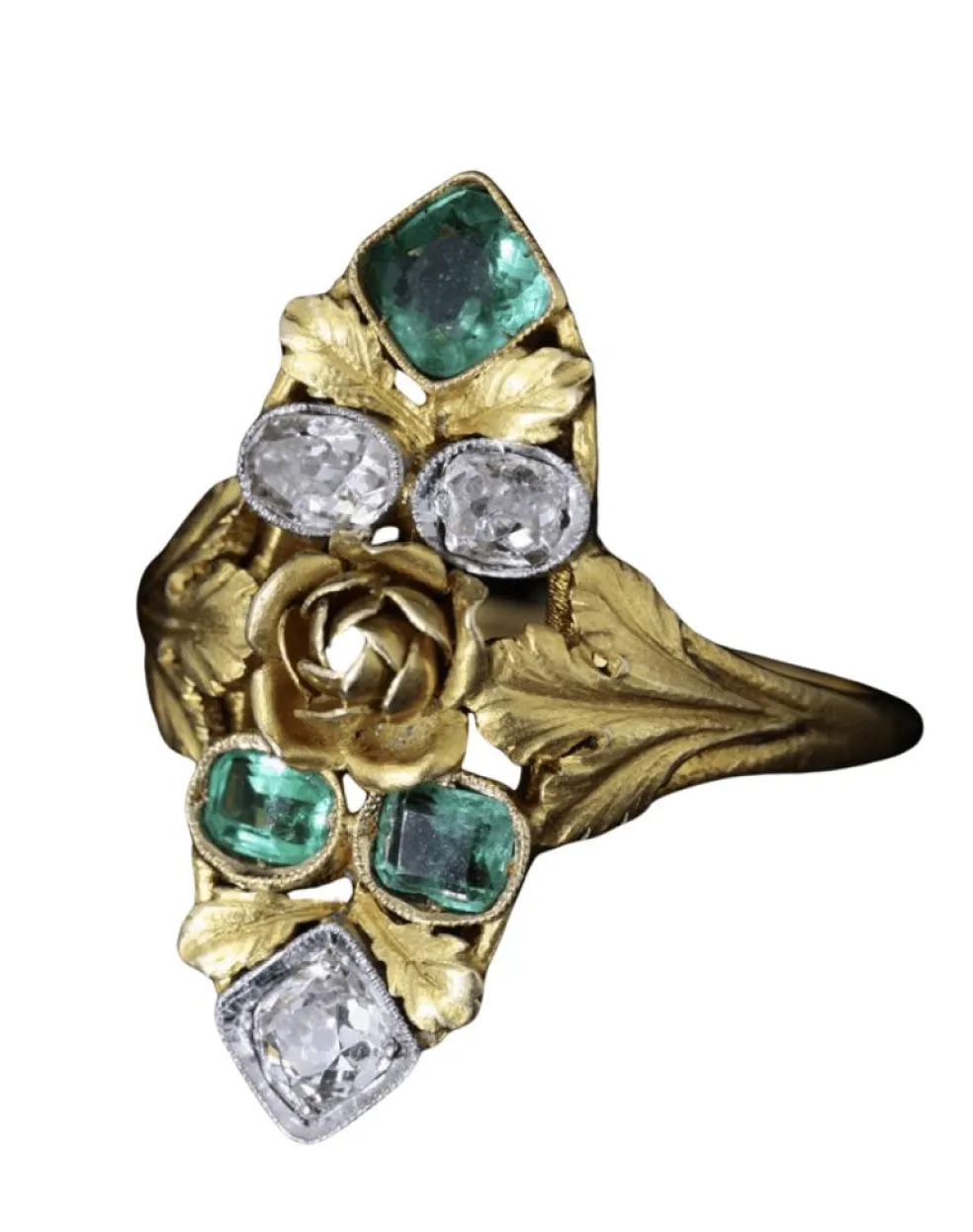 Bague marquise or, émeraudes et diamants Art Nouveau
