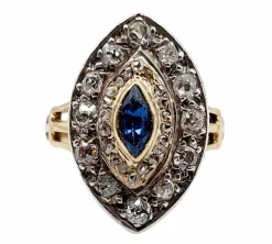 Bague marquise or rose et argent, saphir et diamants taille ancienne (circa 1900)