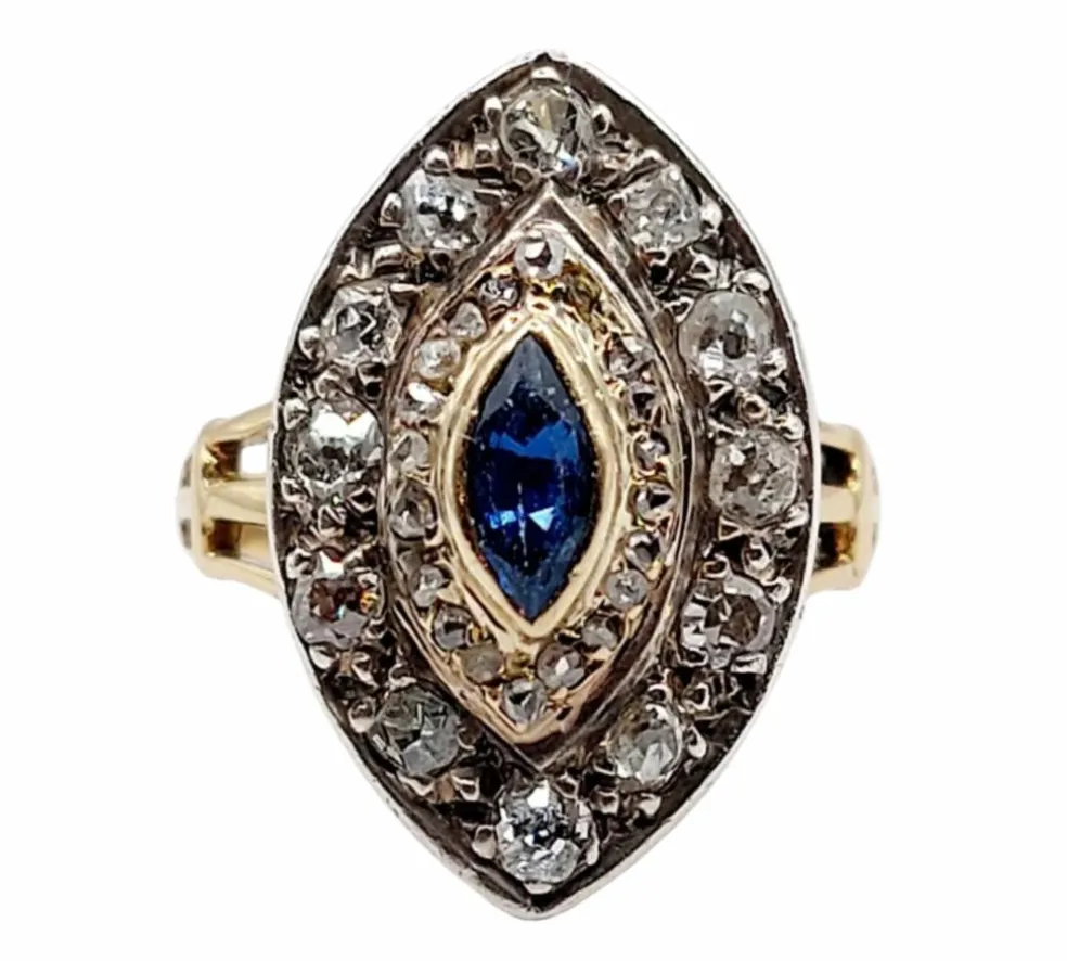 Bague marquise or rose et argent, saphir et diamants taille ancienne (circa 1900)
