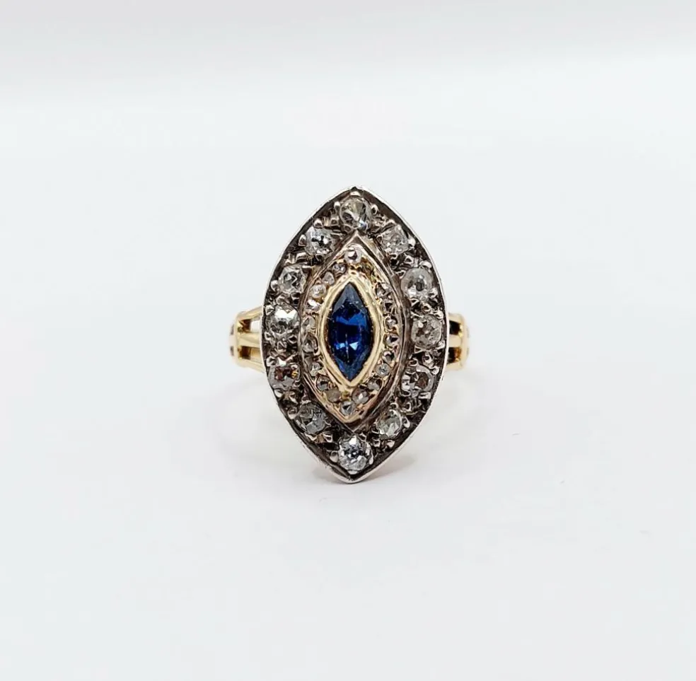 Bague marquise or rose et argent, saphir et diamants taille ancienne (circa 1900)