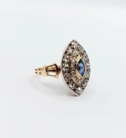 Bague marquise or rose et argent, saphir et diamants taille ancienne (circa 1900)