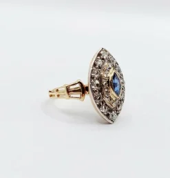 Bague marquise or rose et argent, saphir et diamants taille ancienne (circa 1900)