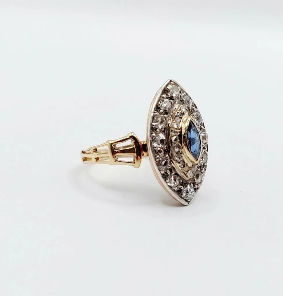 Bague marquise or rose et argent, saphir et diamants taille ancienne (circa 1900)