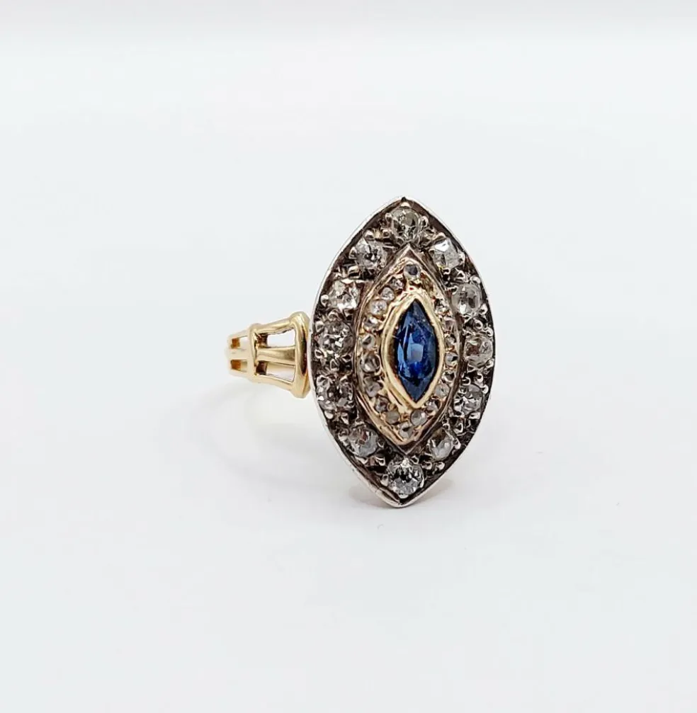 Bague marquise or rose et argent, saphir et diamants taille ancienne (circa 1900)