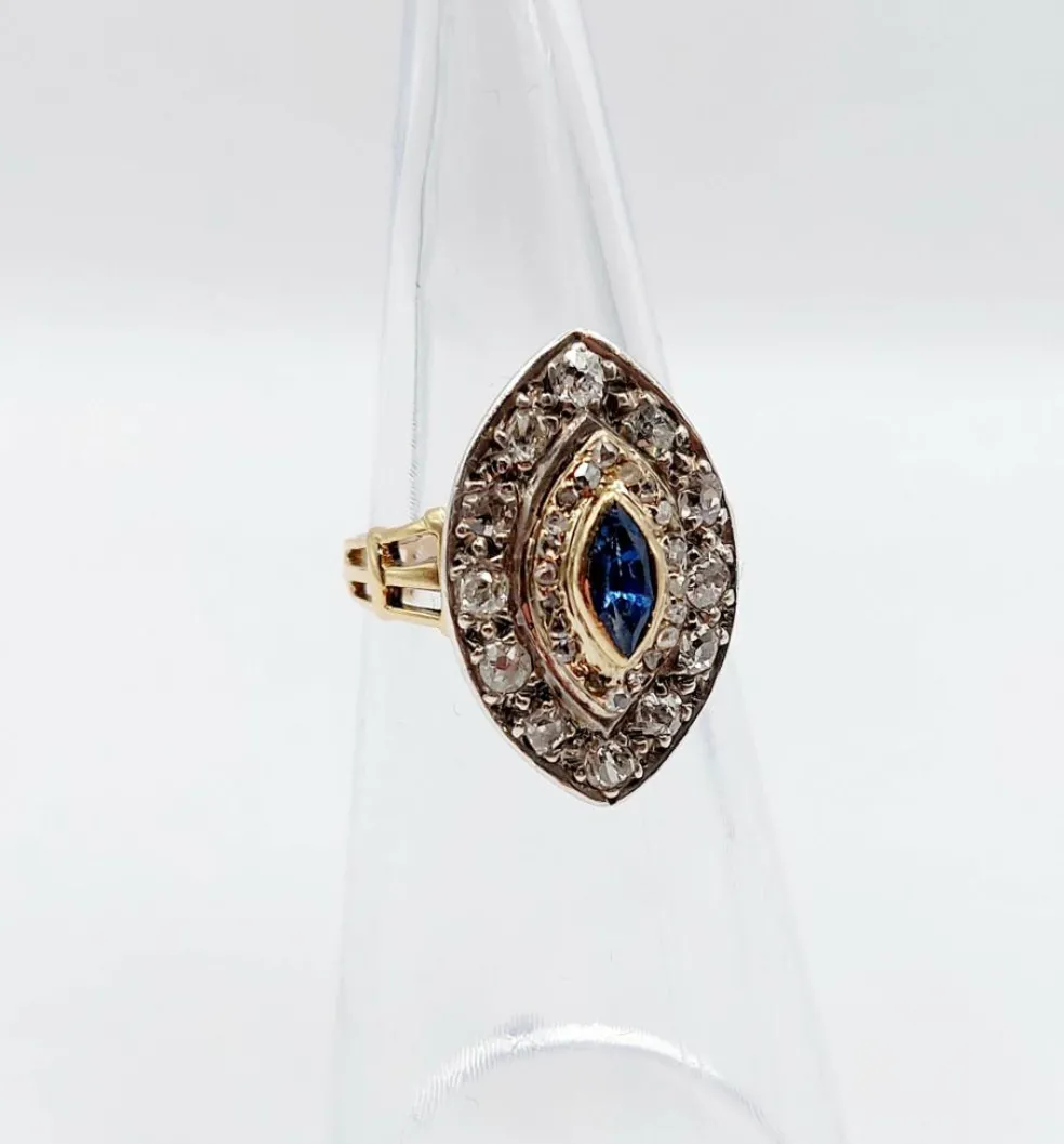 Bague marquise or rose et argent, saphir et diamants taille ancienne (circa 1900)