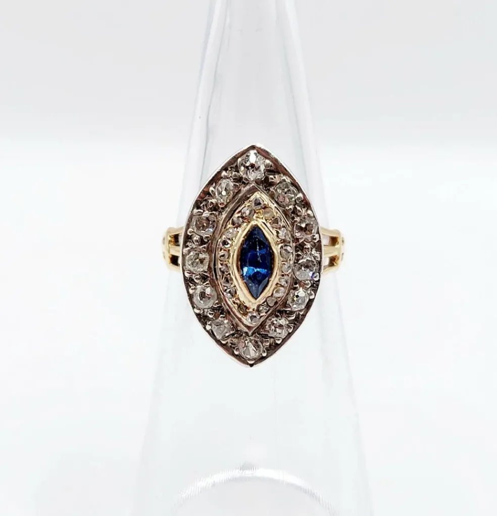 Bague marquise or rose et argent, saphir et diamants taille ancienne (circa 1900)