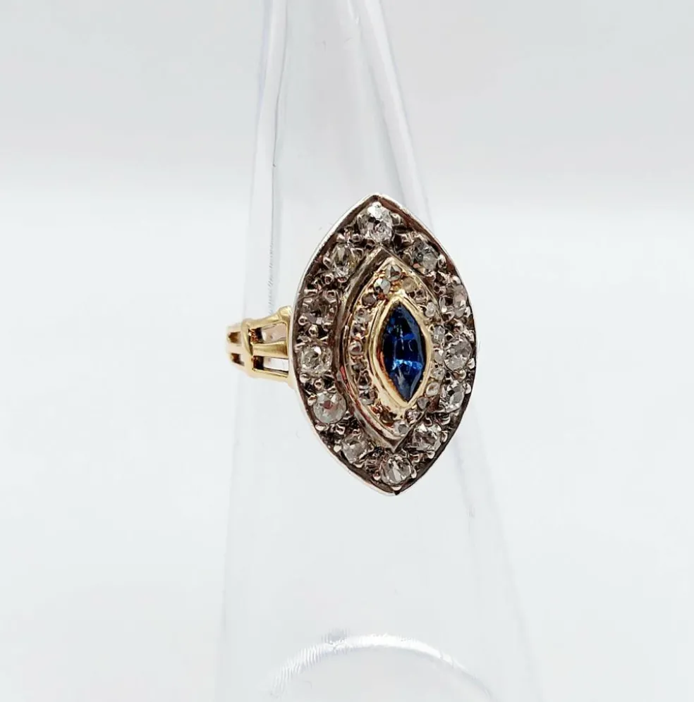 Bague marquise or rose et argent, saphir et diamants taille ancienne (circa 1900)