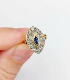 Bague marquise or rose et argent, saphir et diamants taille ancienne (circa 1900)