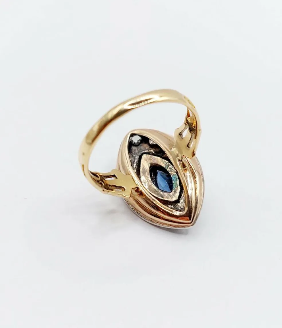 Bague marquise or rose et argent, saphir et diamants taille ancienne (circa 1900)