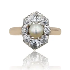 Bague marquise perle fine diamants ancienne