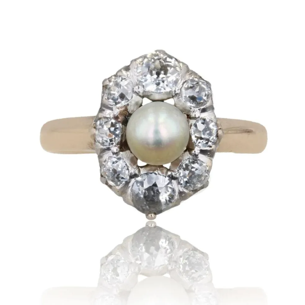 Bague marquise perle fine diamants ancienne