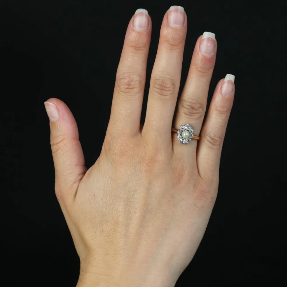 Bague marquise perle fine diamants ancienne