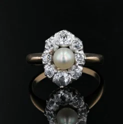 Bague marquise perle fine diamants ancienne