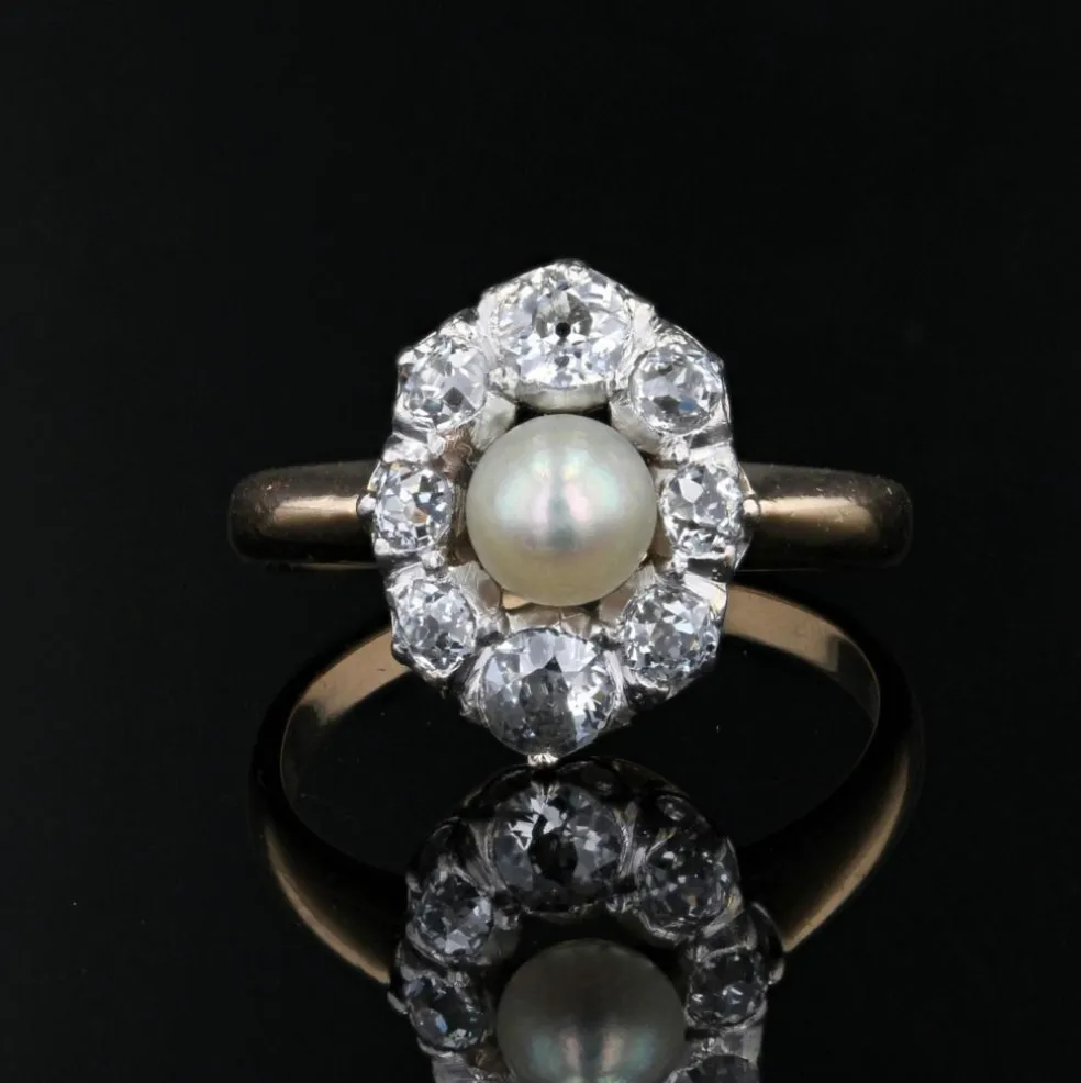 Bague marquise perle fine diamants ancienne