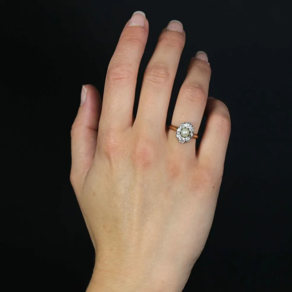 Bague marquise perle fine diamants ancienne