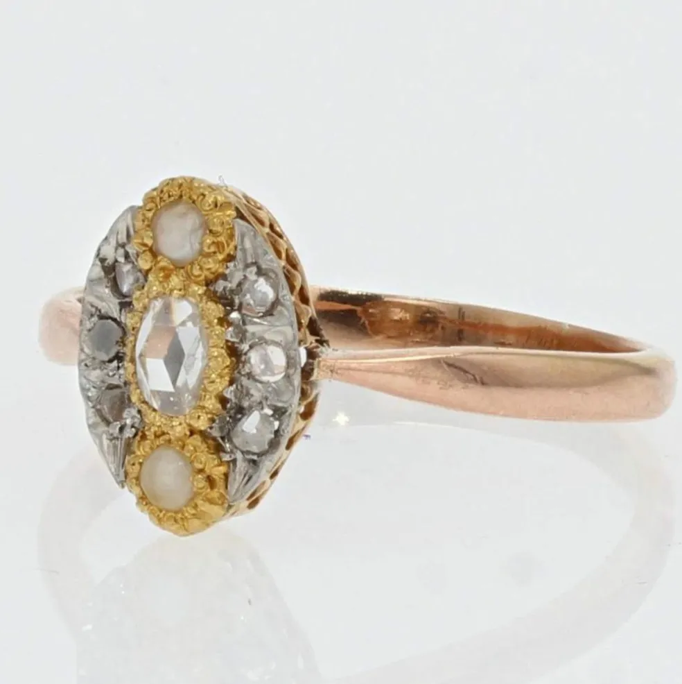 Bague marquise perles fines et diamants ancienne