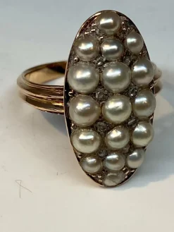 Bague marquise perles fines, diamants