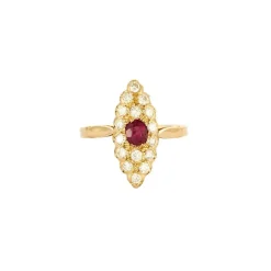 Bague marquise vintage en or 18K, diamants et rubis