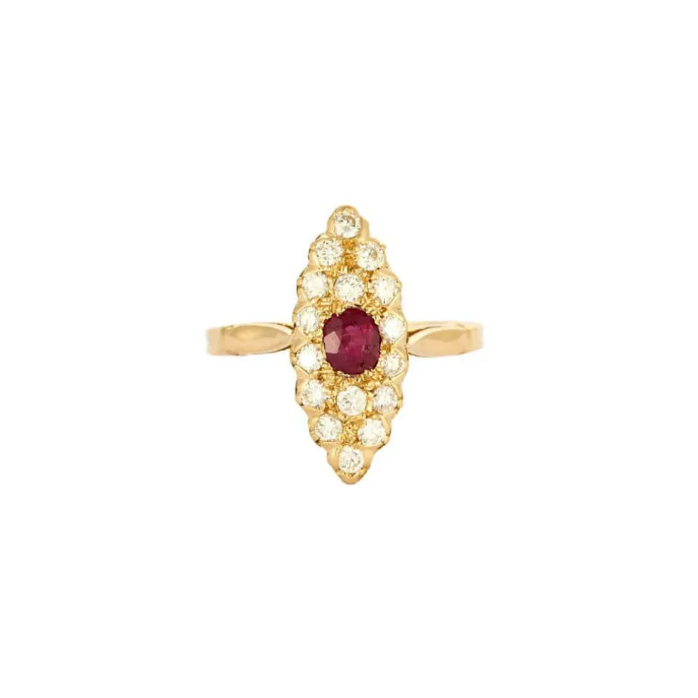 Bague marquise vintage en or 18K, diamants et rubis