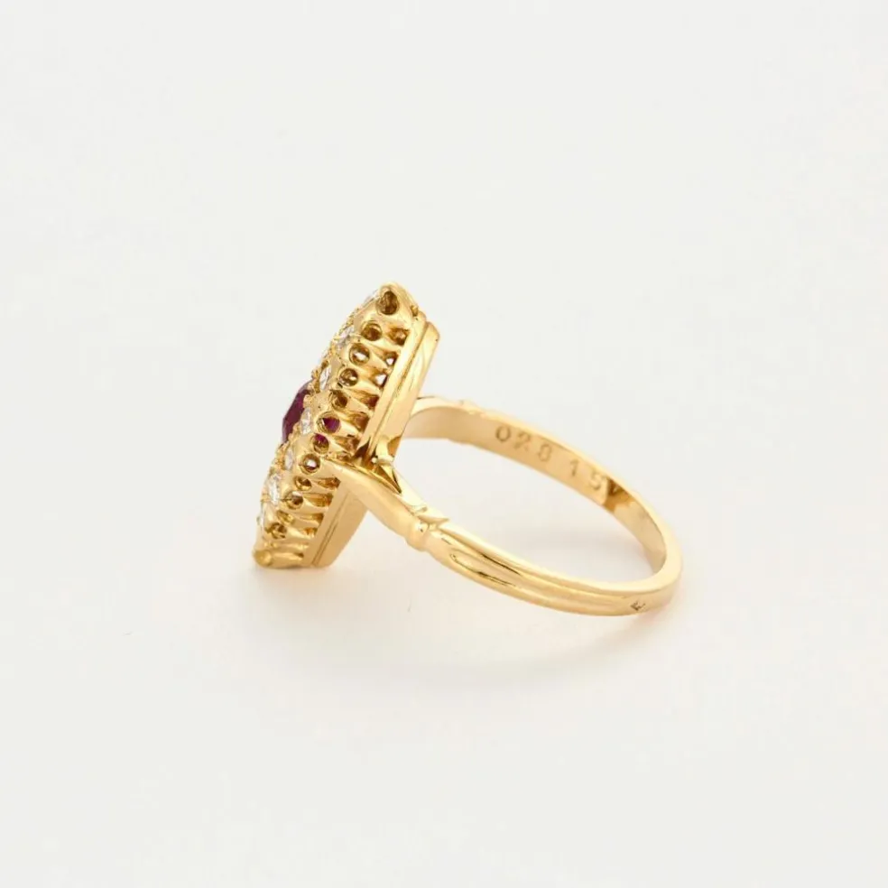 Bague marquise vintage en or 18K, diamants et rubis
