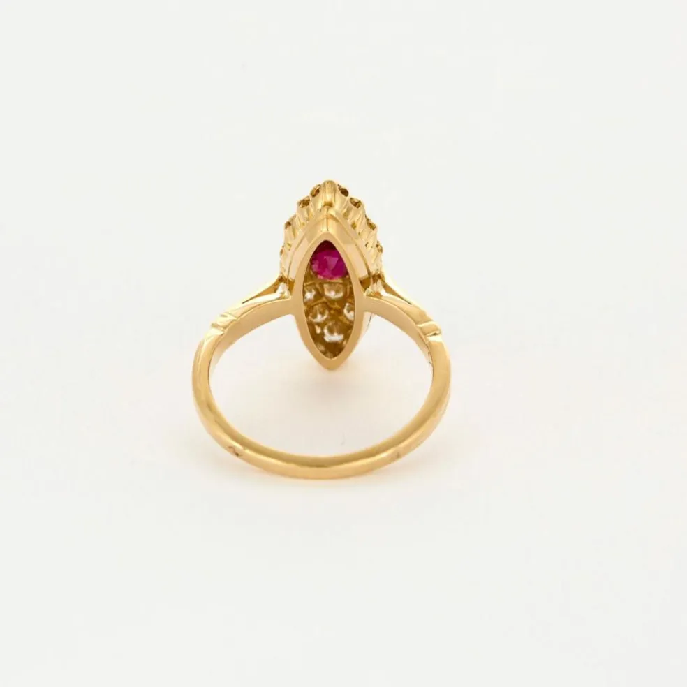 Bague marquise vintage en or 18K, diamants et rubis