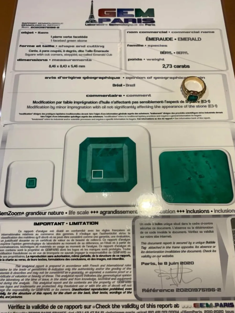 Bague émeraude 2.73 Carats diamants or jaune (Certificat)
