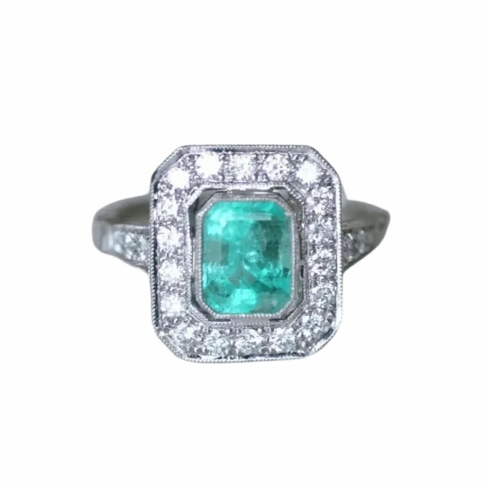 Bague Émeraude Colombienne 2.00 Cts et Diamants Style Art Déco