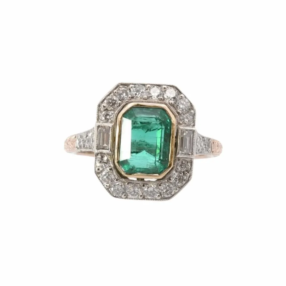 Bague émeraude et diamants en platine et or rose