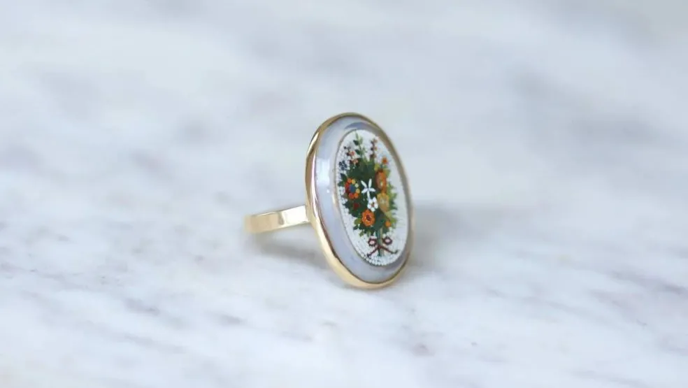 Bague micro mosaïque bouquet fleur or jaune