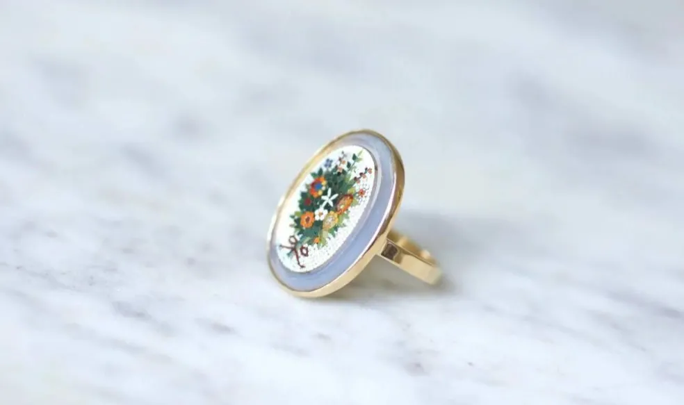 Bague micro mosaïque bouquet fleur or jaune