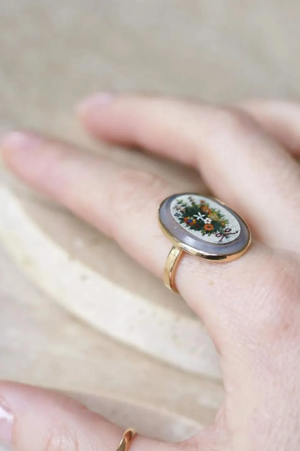 Bague micro mosaïque bouquet fleur or jaune